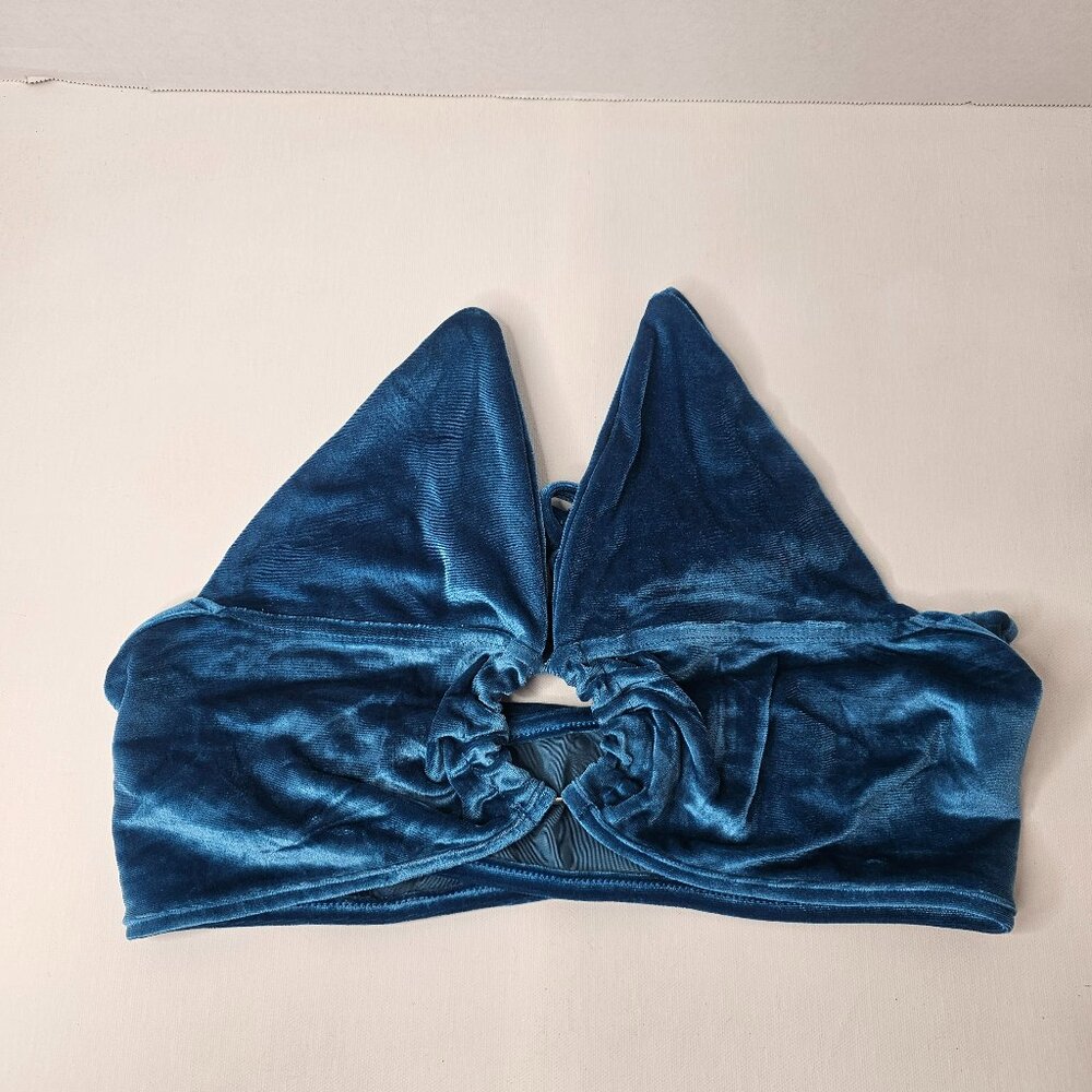 Women's Blue Crop Top Tie Up Faux Suede Bralette Size M